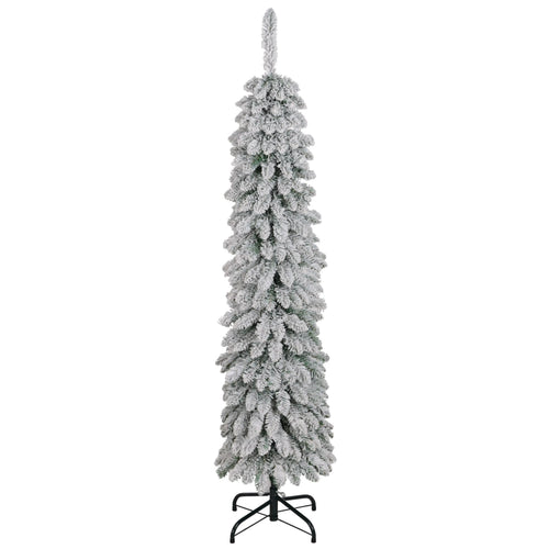5ft Snow-Flocked Artificial Christmas Tree, Slim Pencil, 301 Branches, Metal Base, Green