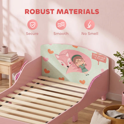 Toddler Bed, Bedside Storage, Guard Rails, 132x70x10cm, Pink Fox Print