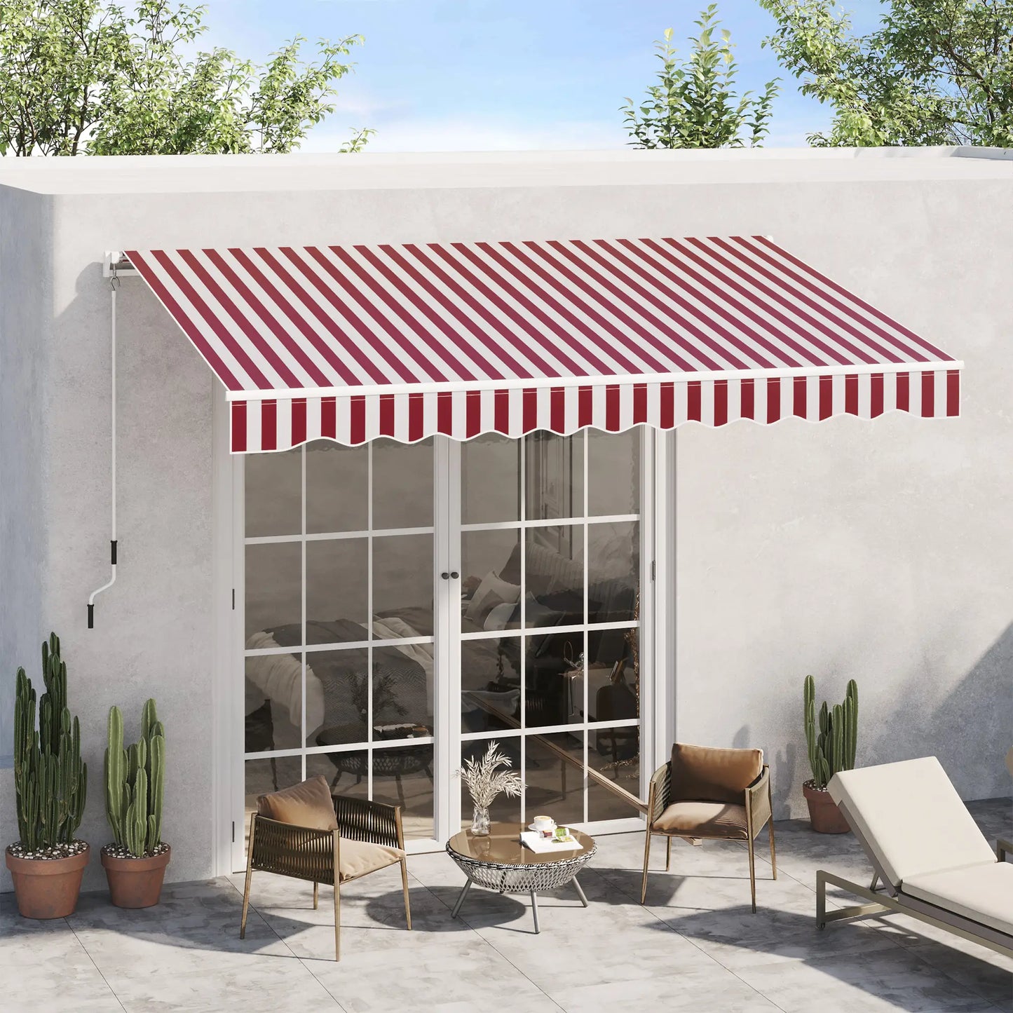 10' x 8' Manual Retractable Awning, Sun Shade Canopy, Aluminum Frame, UV Protection, White Stripe, Wine Red Patio Awnings at Gallery Canada