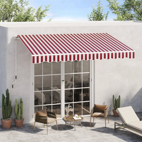 10' x 8' Manual Retractable Awning, Sun Shade Canopy, Aluminum Frame, UV Protection, White Stripe, Wine Red