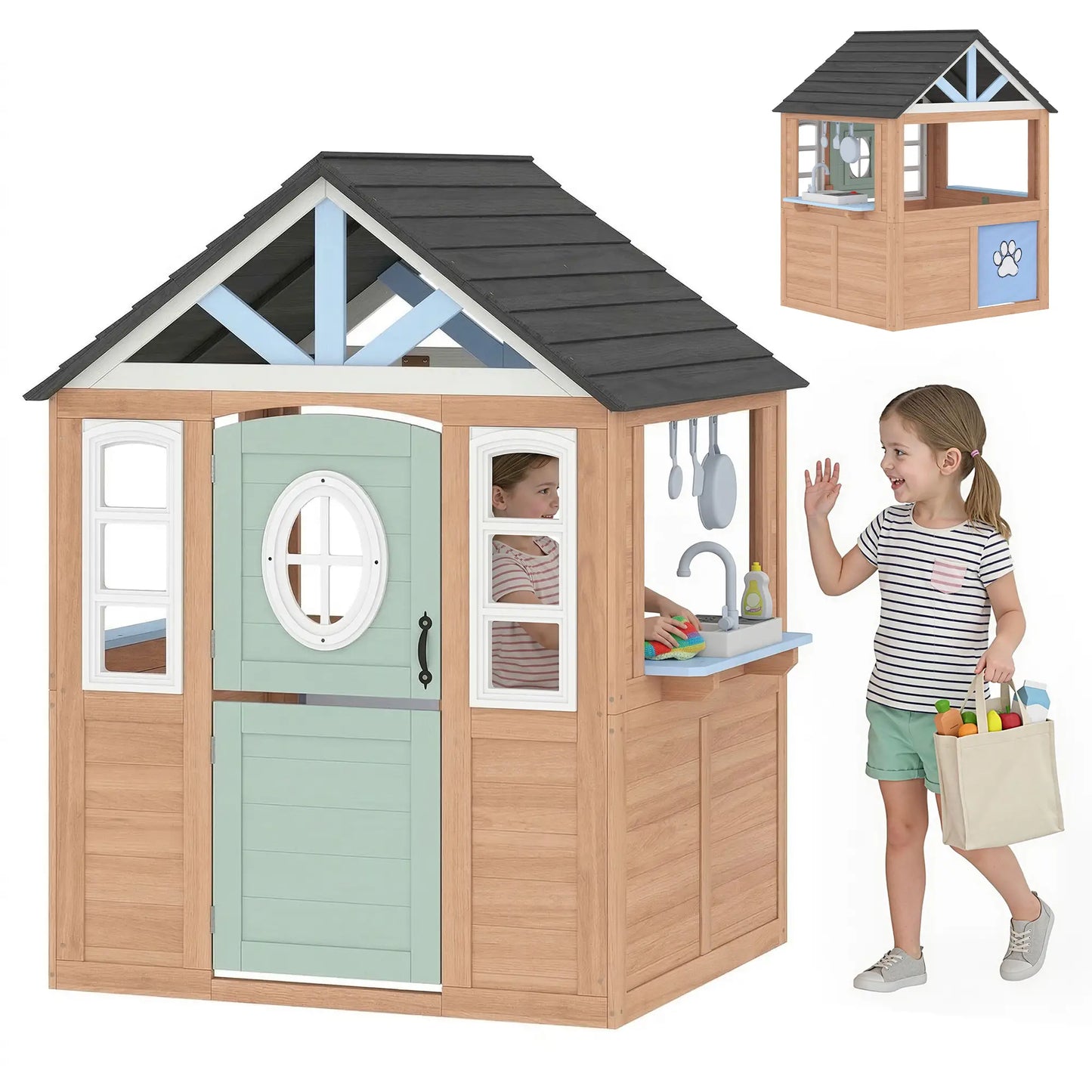 Kids Outdoor Playhouse, Wooden Cottage With Pet Door, Play Kitchen Play Houses Natural at Gallery Canada