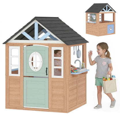 Kids Outdoor Playhouse, Wooden Cottage With Pet Door, Play Kitchen Play Houses Natural at Gallery Canada