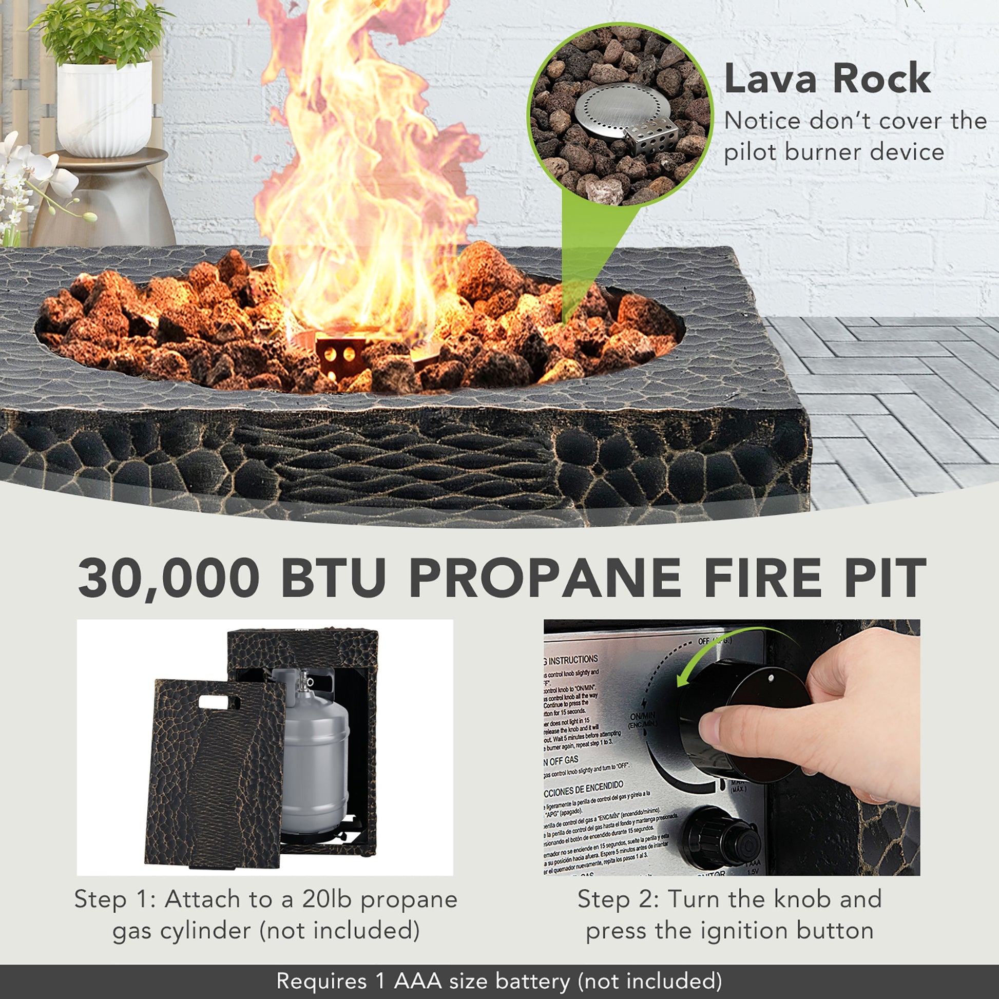Square Outdoor Propane Fire Pit with Lava Rocks Waterproof Cover 30000 BTU, Black Fire Pits at Gallery Canada
