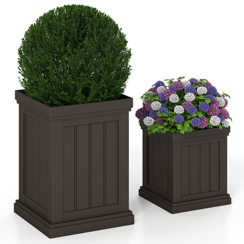 Square Plastic Planters Set of 2 Small Flower Pots with Drainage Holes and Nesting Design, Brown