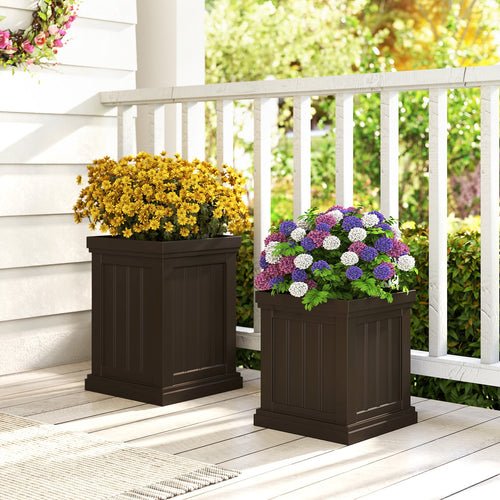 Square Plastic Planters Set of 2 Small Flower Pots with Drainage Holes and Nesting Design, Brown