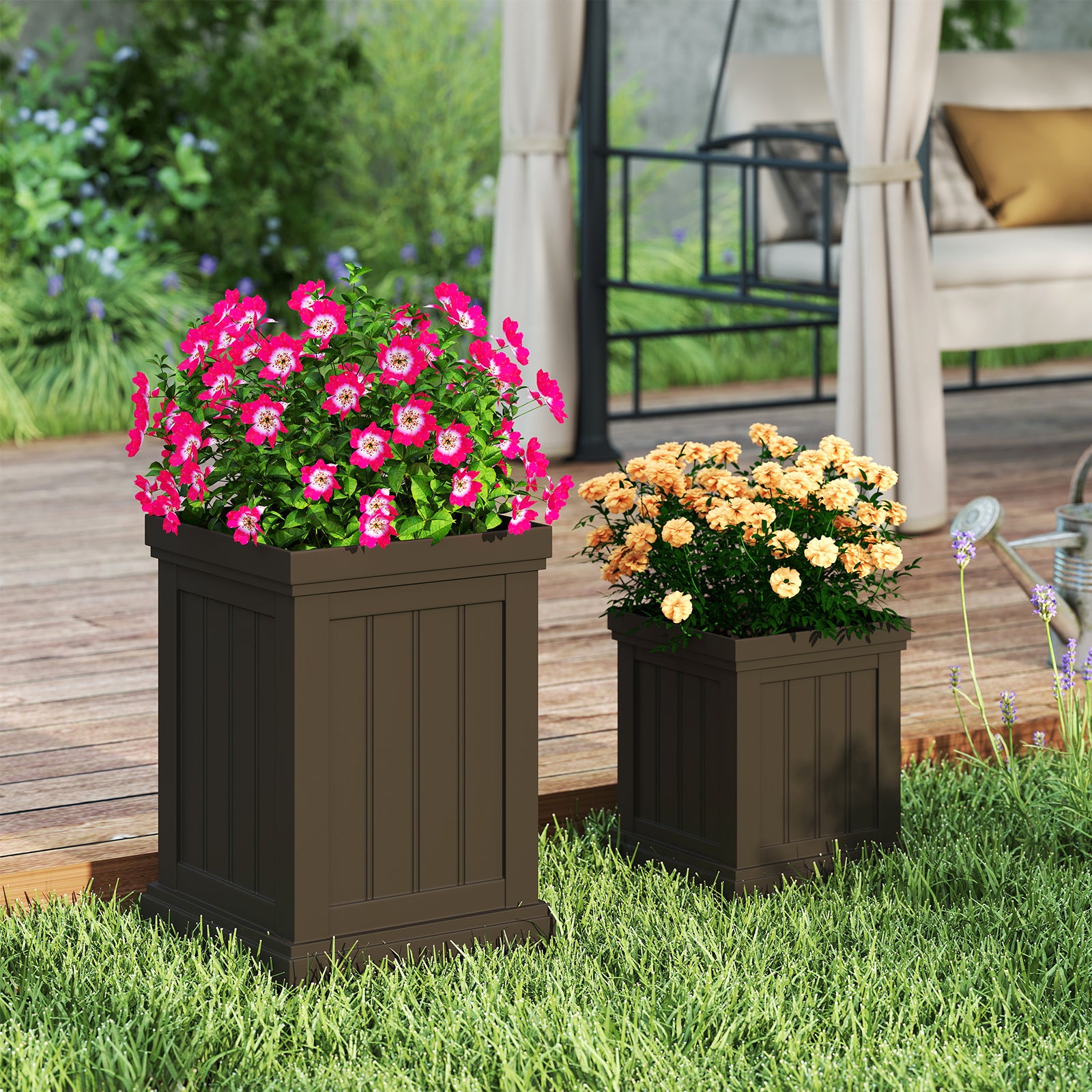 Square Plastic Planters Set of 2 Small Flower Pots with Drainage Holes and Nesting Design, Brown Raised Garden Beds at Gallery Canada