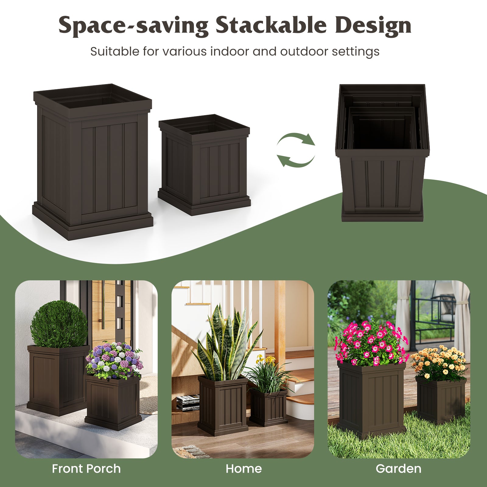 Square Plastic Planters Set of 2 Small Flower Pots with Drainage Holes and Nesting Design, Brown Raised Garden Beds at Gallery Canada