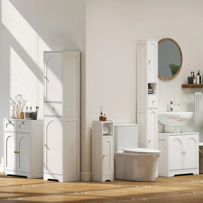 Tall Bathroom Cabinet, Modern Slim Storage, Arched Doors, White Freestanding Bathroom Cabinets at Gallery Canada