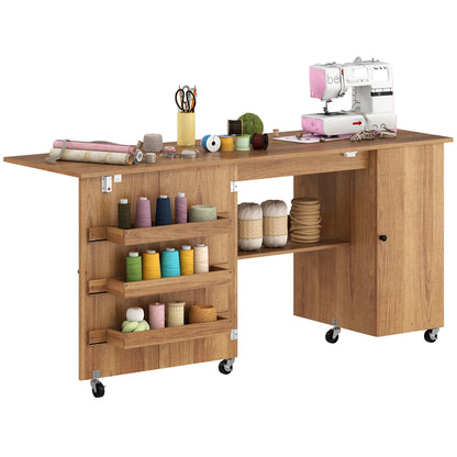 Sewing Machine Table, Drop Leaf, 2 Doors, Adjustable Shelf, Brown Sewing Cabinets at Gallery Canada