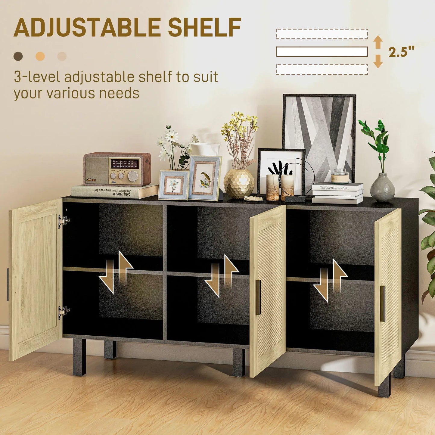 Boho Sideboard, 3 Rattan Doors, Adjustable Shelves, Natural, Black Storage Cabinets at Gallery Canada