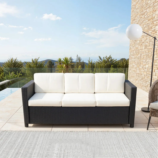 3 Seat Rattan Wicker Sofa, Outdoor Patio Furniture, Cream White