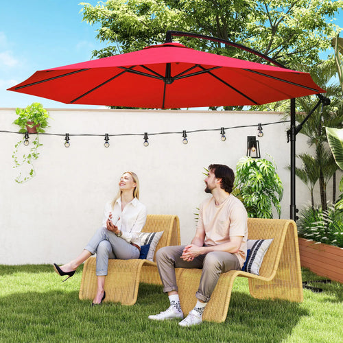 9.7ft Offset Patio Umbrella, Crank Handle, 8 Ribs, Cross Base, Wine Red