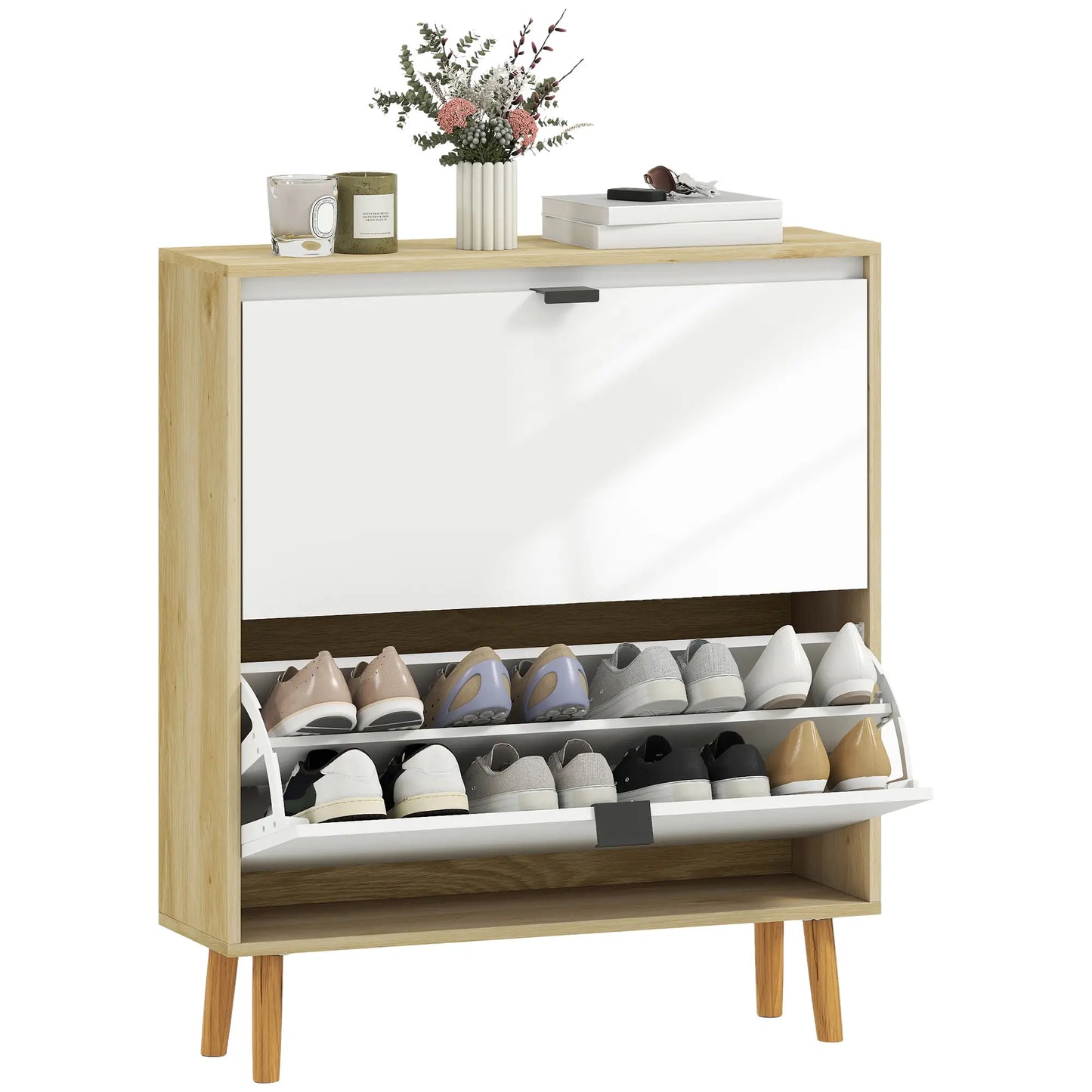 Narrow Shoe Cabinet, 2 Flip Drawers, Adjustable Shelves, Holds 16 Pairs, White Shoe Storage Cabinets & Racks at Gallery Canada
