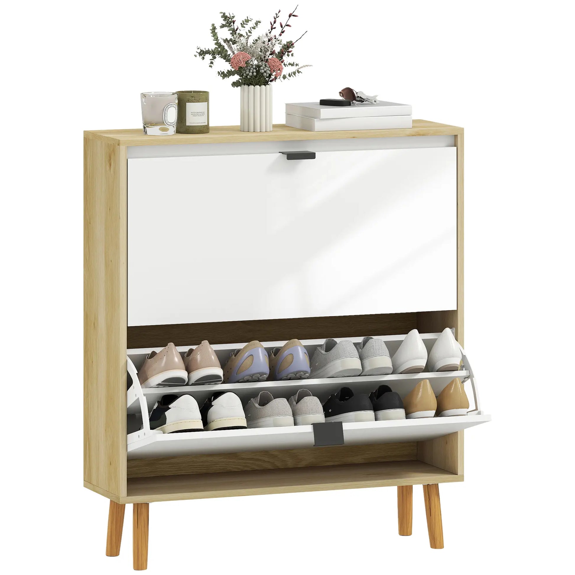 Narrow Shoe Cabinet, 2 Flip Drawers, Adjustable Shelves, Holds 16 Pairs, White Shoe Storage Cabinets & Racks at Gallery Canada