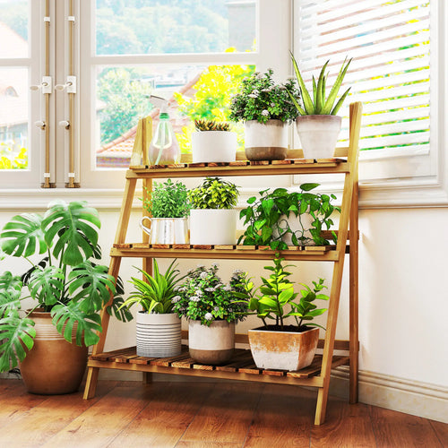 Foldable 3-Tier Wooden Plant Shelf, Outdoor