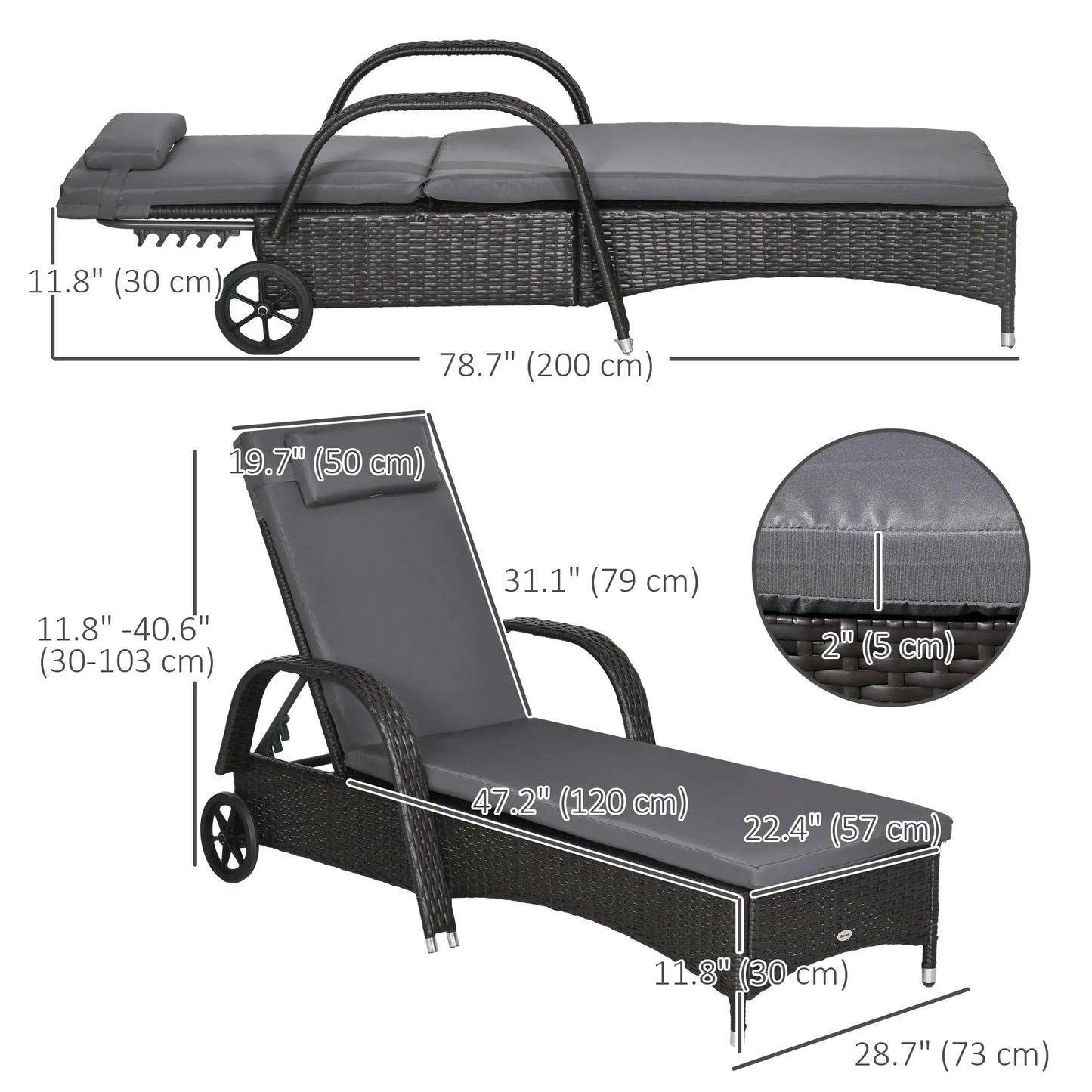 Outdoor Lounger, Adjustable Deck Chair, Headrest, Wheels, Deep Coffee, Med Grey, Coffee, Grey Chaise Loungers at Gallery Canada