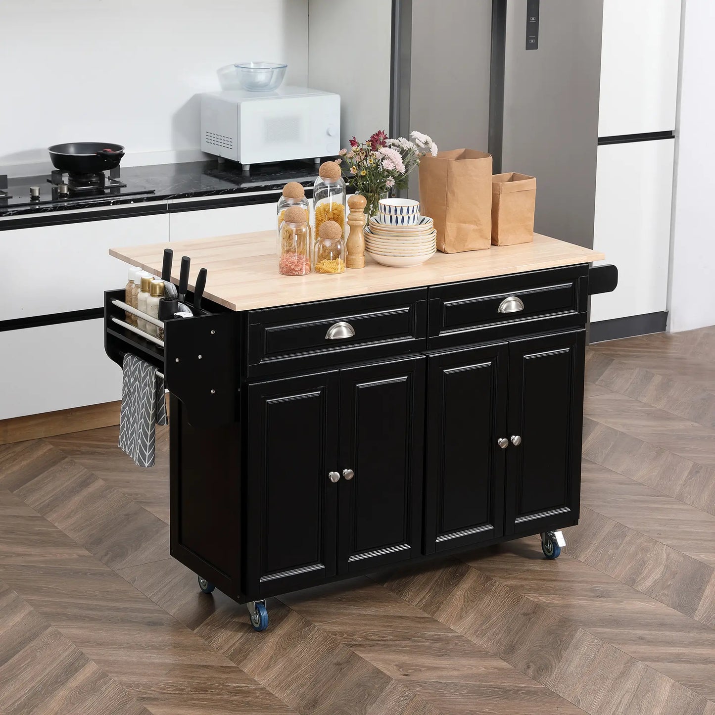 Kitchen Island with Storage, Drop Leaf, Rubber Wood Top, Black Kitchen Islands & Kitchen Carts at Gallery Canada