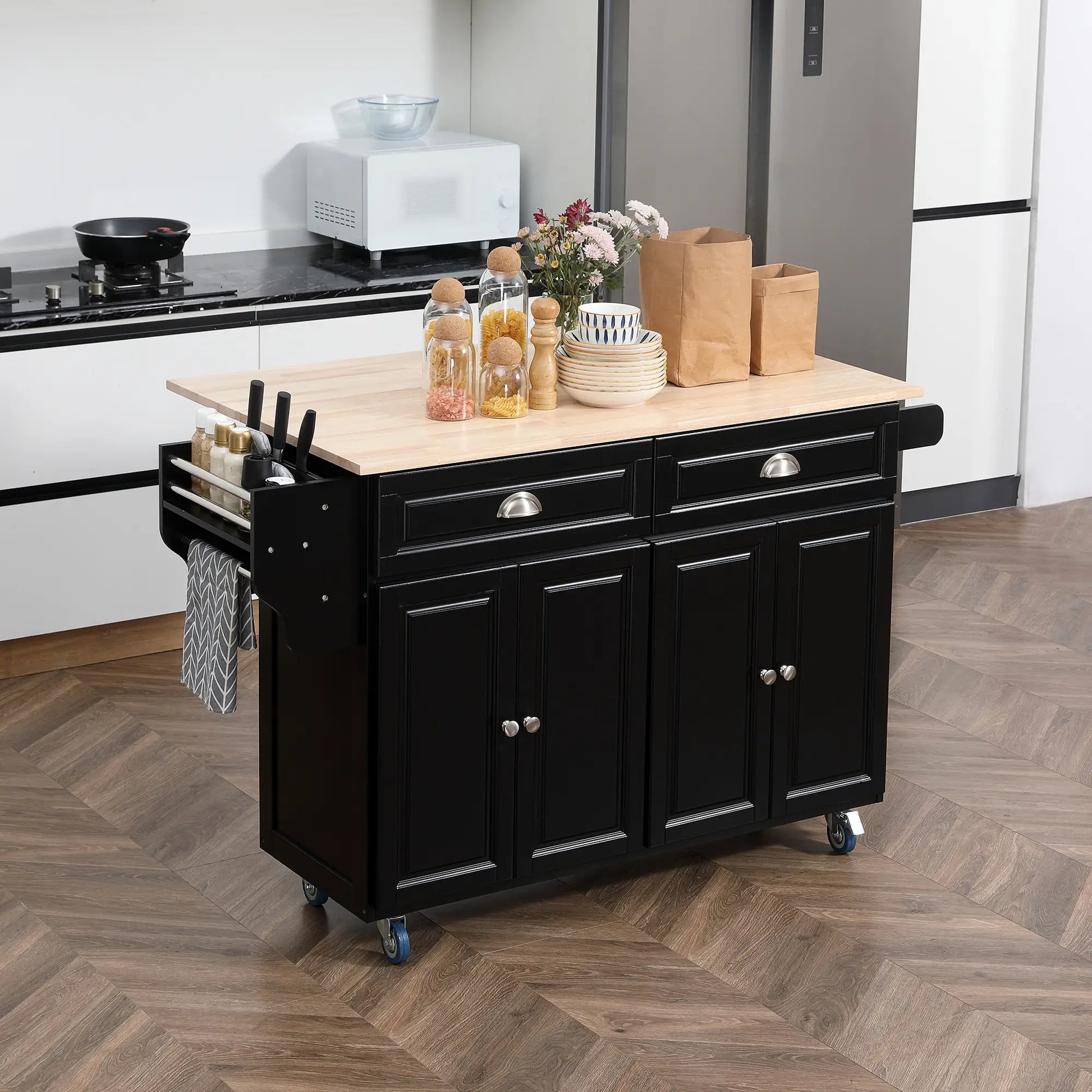 Kitchen Island with Storage, Drop Leaf, Rubber Wood Top, Black Kitchen Islands & Kitchen Carts at Gallery Canada