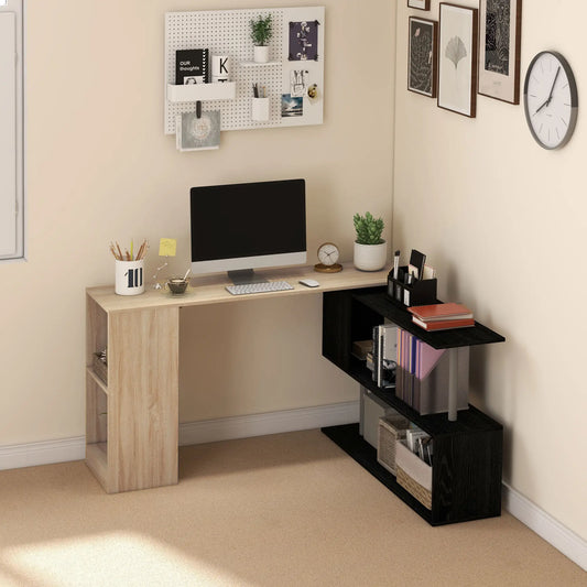 55" Corner Computer Desk, L-Shaped Rotating Workstation, 3-Tier Shelves Computer Desks Natrual Wood Grain, Black at Gallery Canada