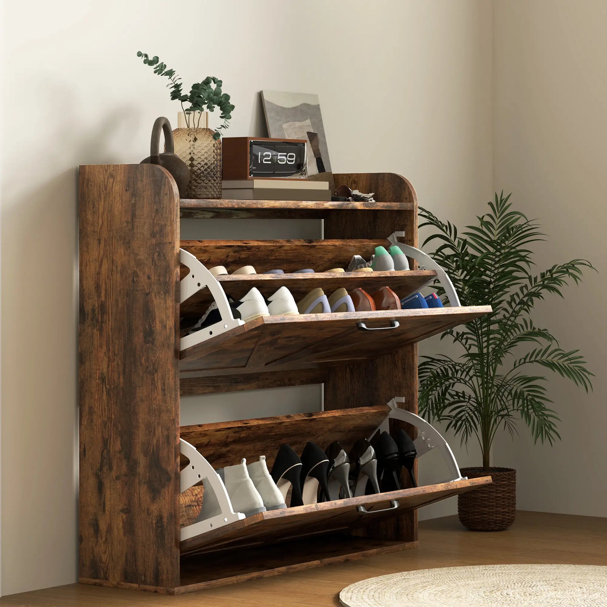 Narrow Shoe Storage Cabinet, 2 Flip Drawers, Adjustable Shelves, Rustic Brown Shoe Storage Cabinets & Racks at Gallery Canada