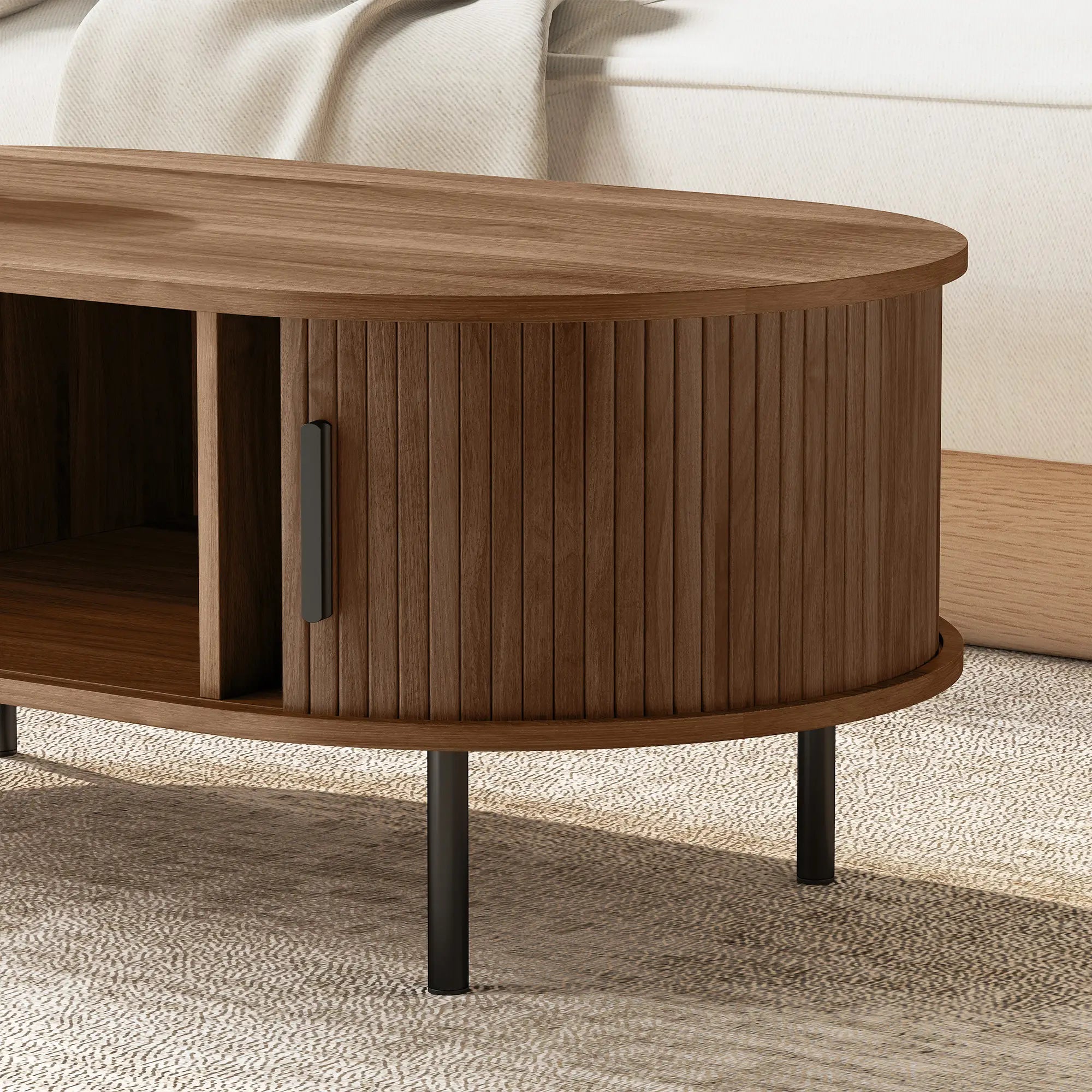 Coffee Table with Sliding Tambour Doors and Storage Center Table with Metal Legs, 39