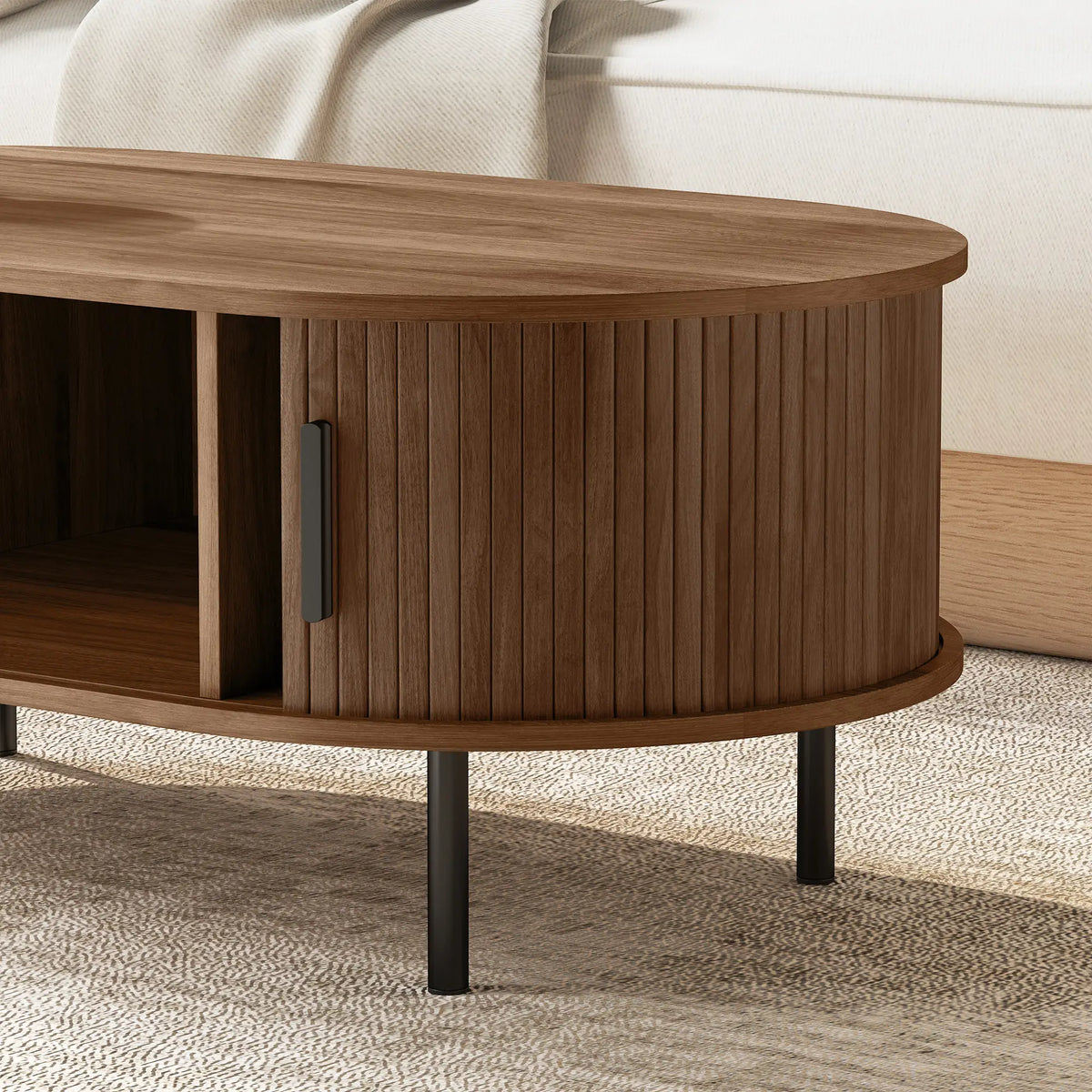 Coffee Table with Sliding Tambour Doors and Storage Center Table with Metal Legs, 39", Brown Coffee Tables at Gallery Canada