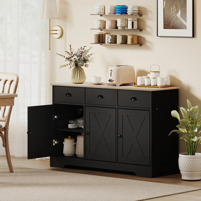 46.5" Buffet Cabinet, Farmhouse Sideboard, 3 Barn Doors, 3 Drawers, Black Bar Cabinets at Gallery Canada