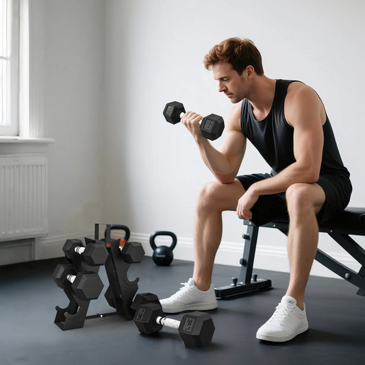 60 LBS Hex Dumbbell Set with Rack, Non-Slip Handles, Rubber Coated Dumbbells & Barbells Black at Gallery Canada