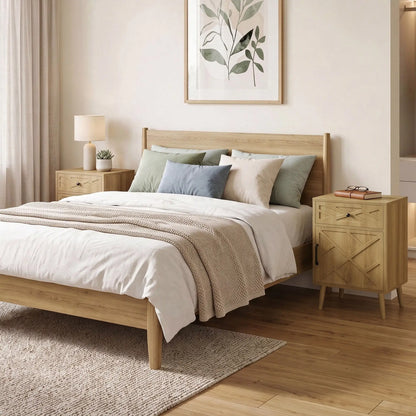 Nightstand Set Of 2, Oak, With Drawer And Cabinet Storage Side Tables at Gallery Canada