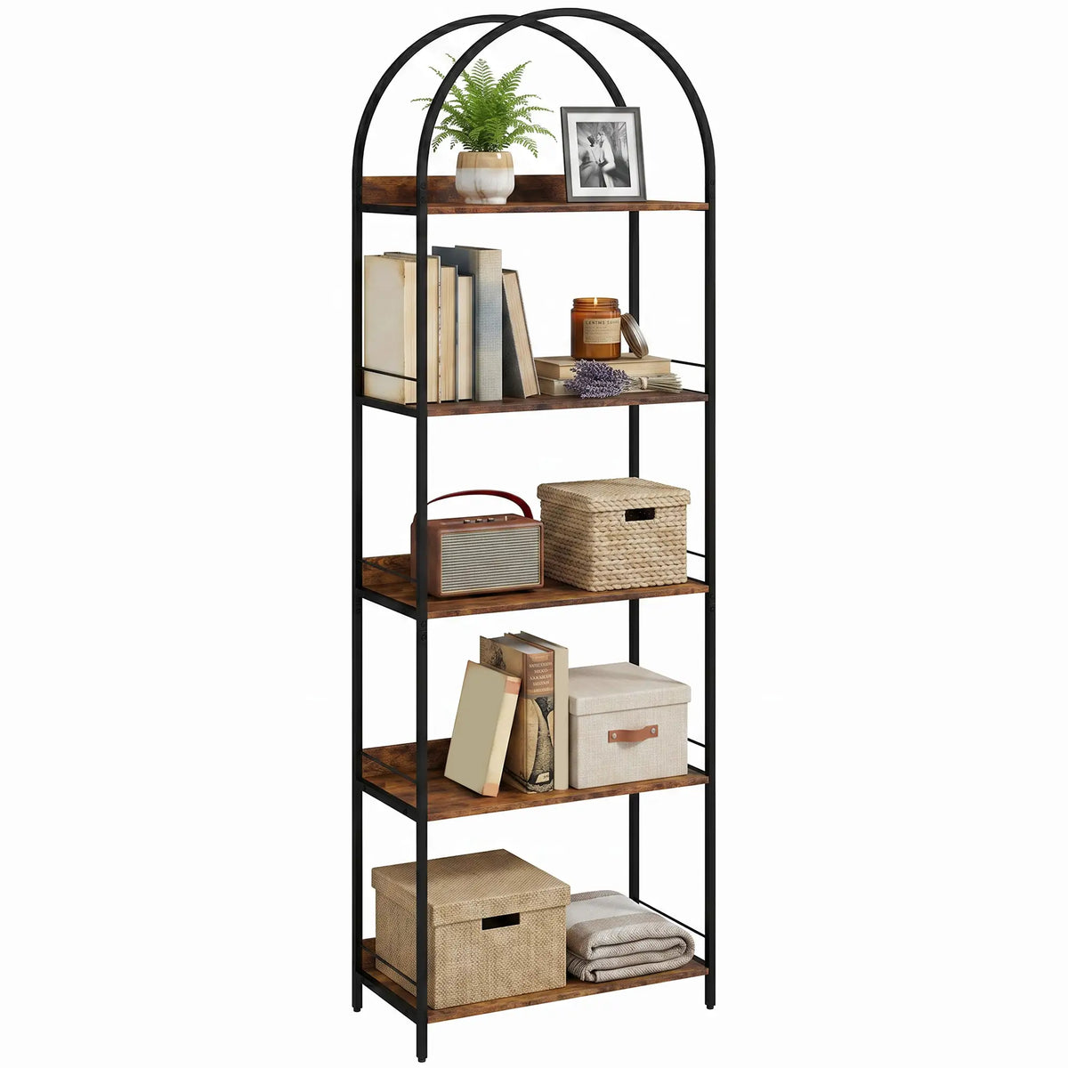73.2" Tall Arched Bookshelf, 5-Tier, Industrial, Rustic Brown Display Bookshelves at Gallery Canada