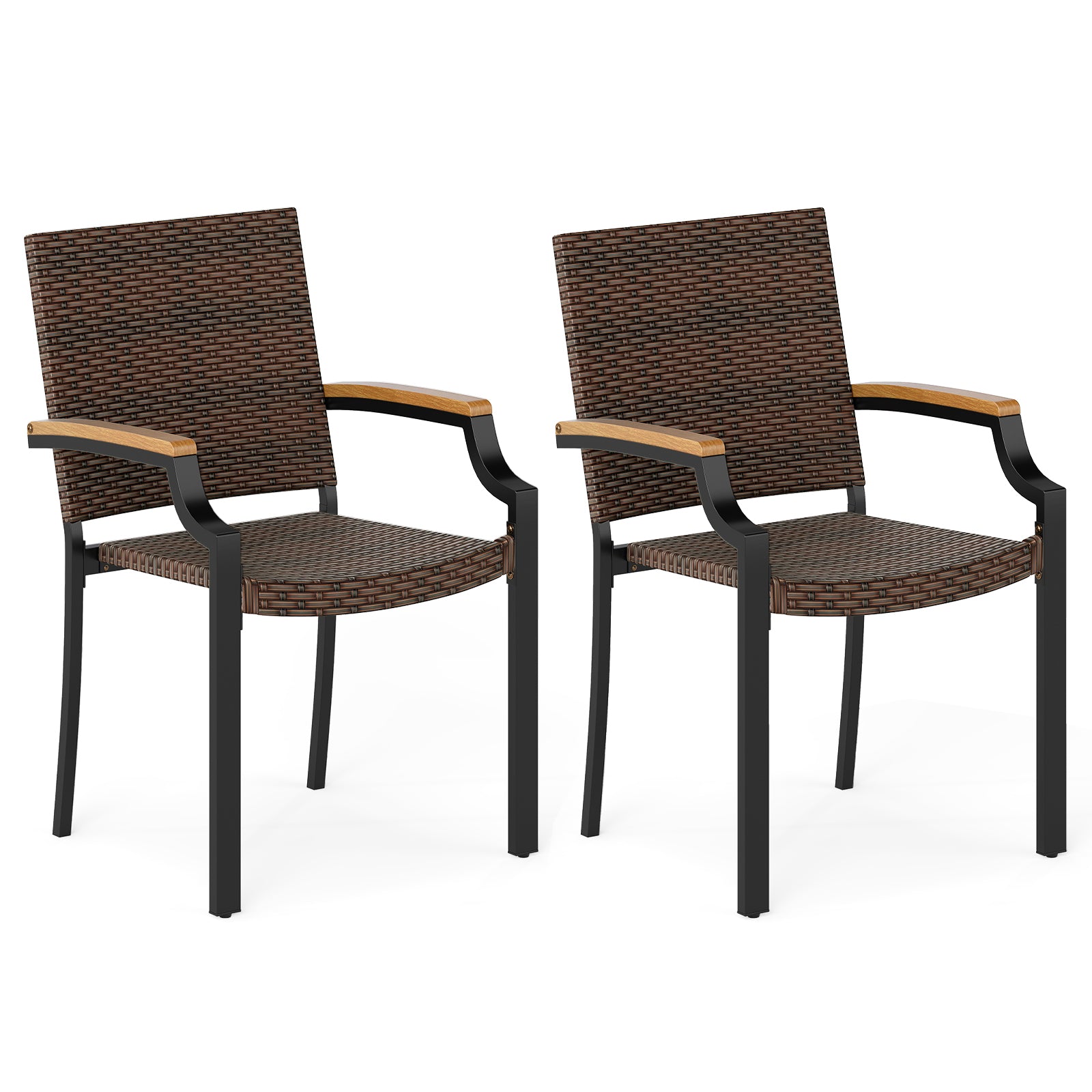 Stacking Wicker Chairs, Set Of 2, Patio Rattan Dining Chairs, Acacia Wood Armrests Patio Dining Chairs at Gallery Canada