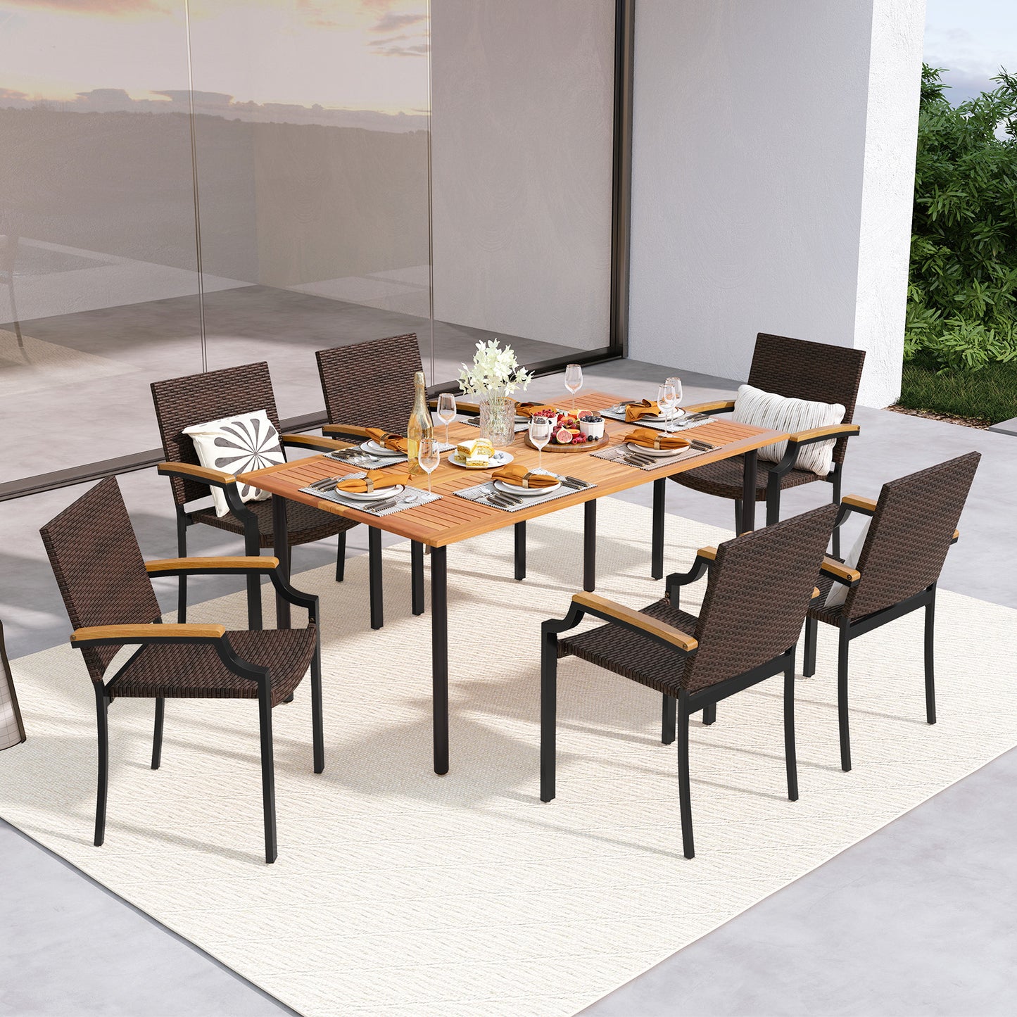 Stacking Wicker Chairs, Set Of 2, Patio Rattan Dining Chairs, Acacia Wood Armrests Patio Dining Chairs at Gallery Canada