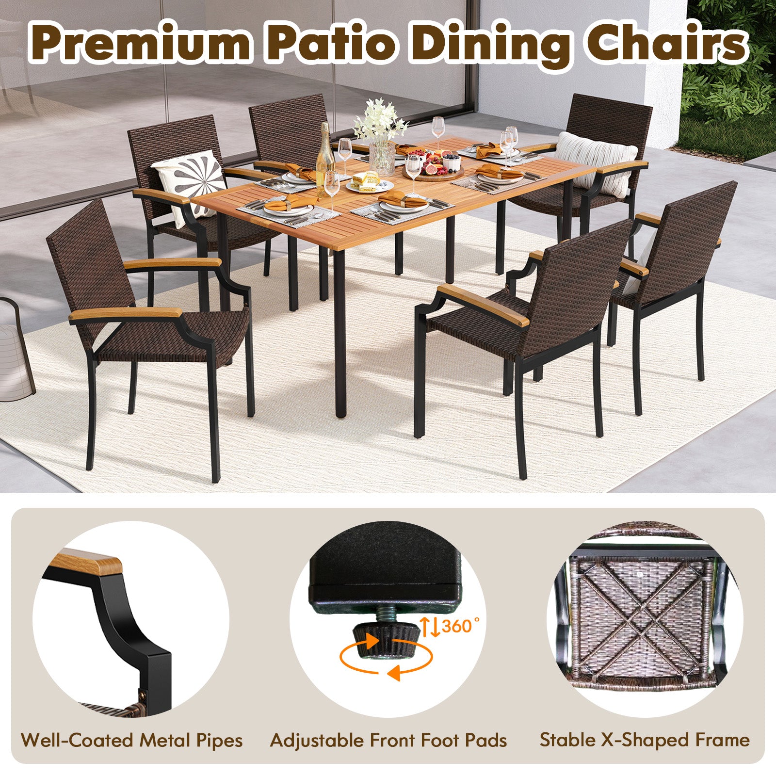 Stacking Wicker Chairs, Set Of 2, Patio Rattan Dining Chairs, Acacia Wood Armrests Patio Dining Chairs at Gallery Canada