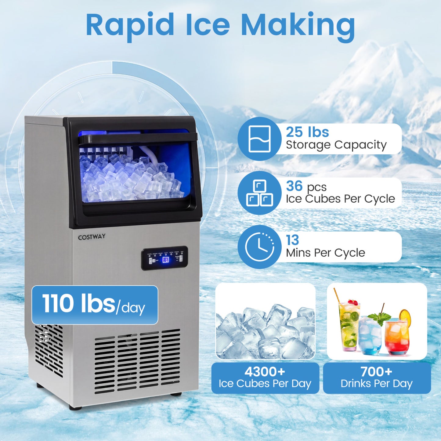 Commercial Ice Maker, Stainless Steel, 110 lbs/24H Ice Makers at Gallery Canada