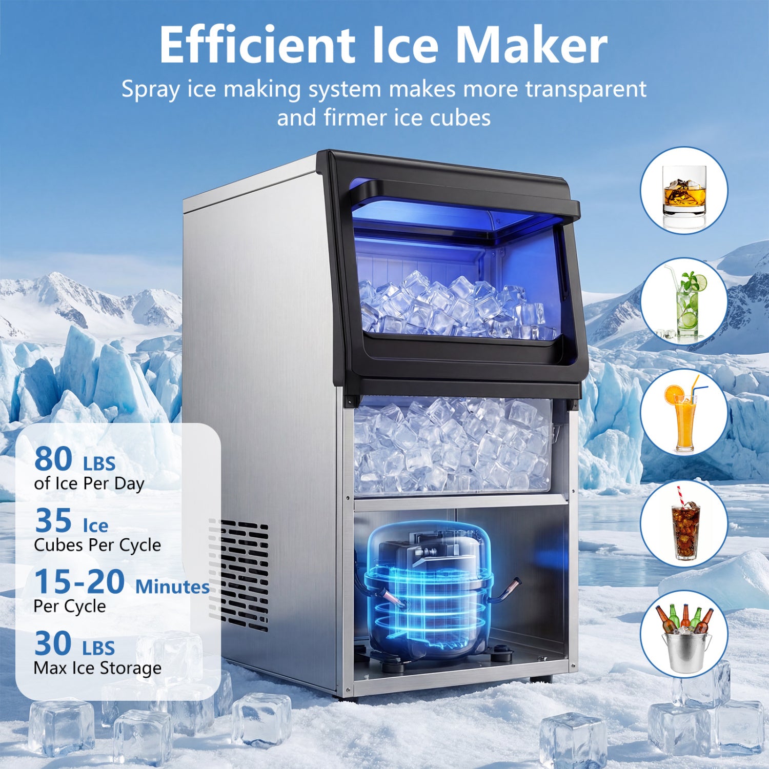 Stainless Steel Ice Maker, 80 Lbs Per Day, Hard Ice Machine, Clear Ice Makers at Gallery Canada