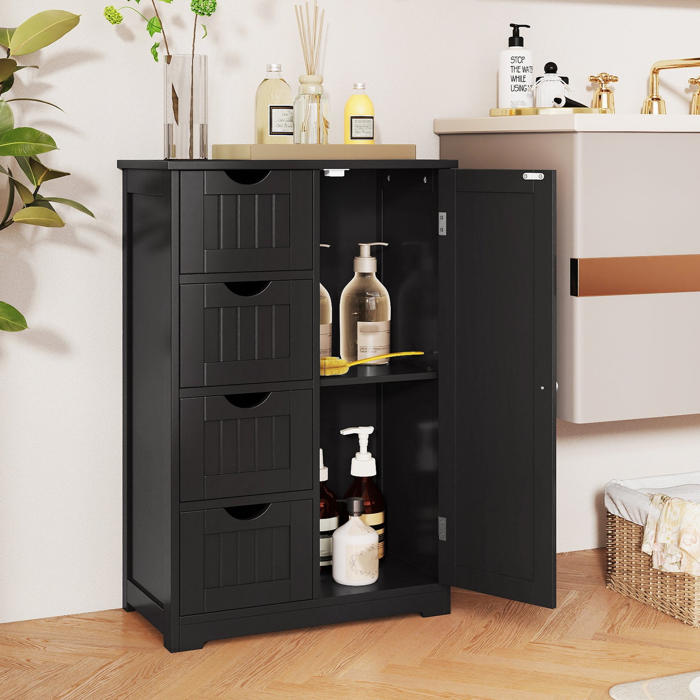 Standing Indoor Wooden Cabinet with 4 Drawers, Black Floor Cabinets at Gallery Canada
