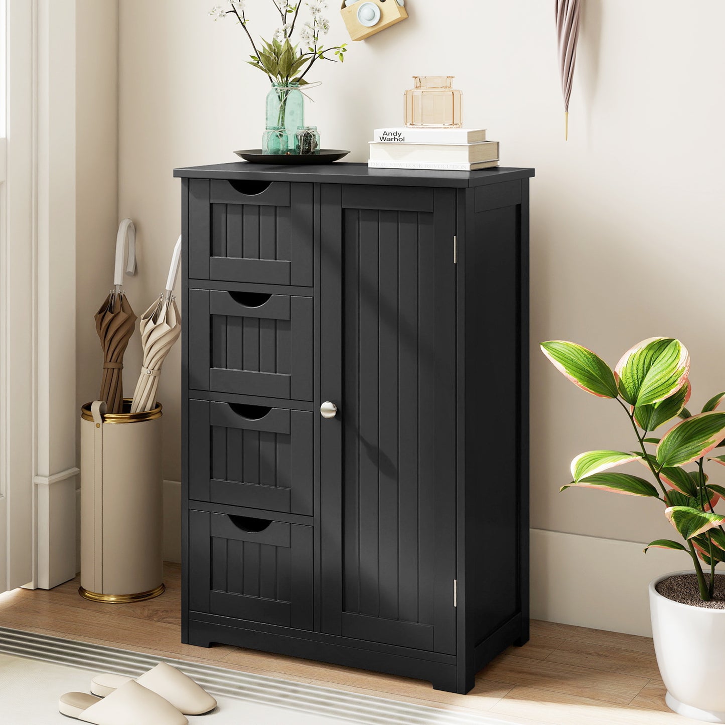 Standing Indoor Wooden Cabinet with 4 Drawers, Black Floor Cabinets at Gallery Canada