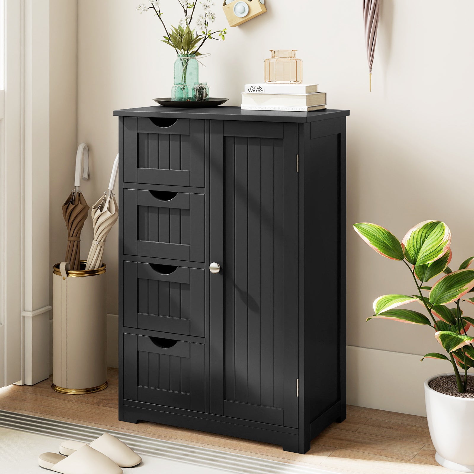 Standing Indoor Wooden Cabinet with 4 Drawers, Black Floor Cabinets at Gallery Canada