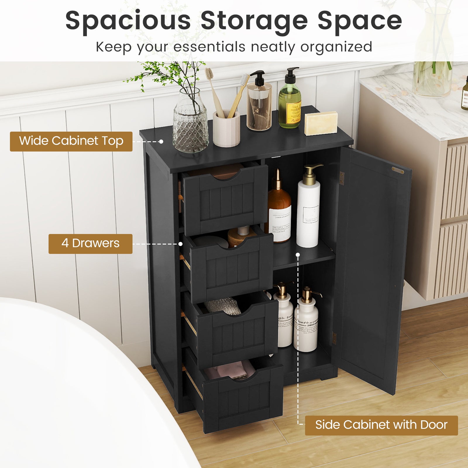 Standing Indoor Wooden Cabinet with 4 Drawers, Black Floor Cabinets at Gallery Canada