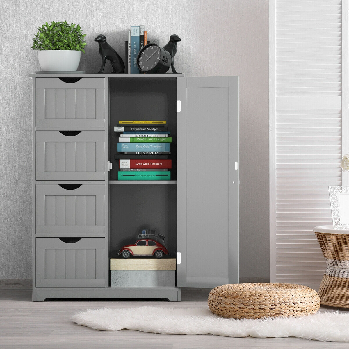 Standing Indoor Wooden Cabinet with 4 Drawers, Gray Floor Cabinets at Gallery Canada