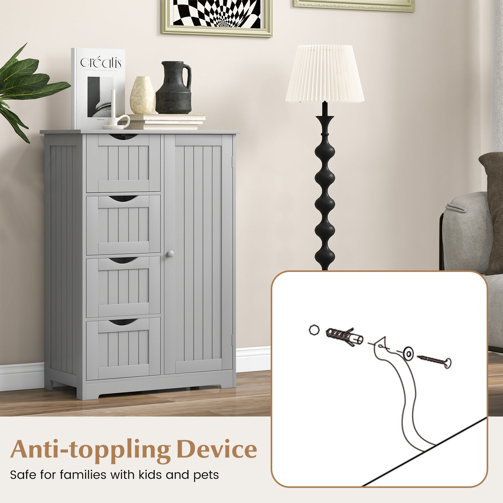 Standing Indoor Wooden Cabinet with 4 Drawers, Gray Floor Cabinets at Gallery Canada