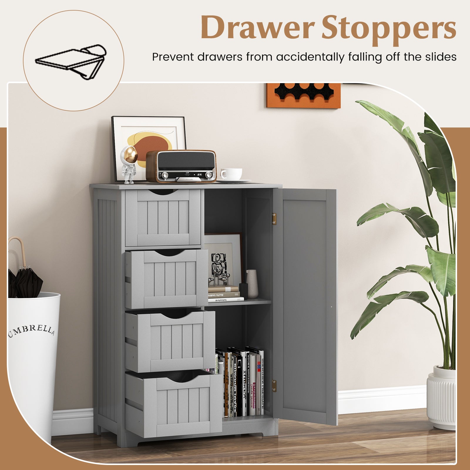Standing Indoor Wooden Cabinet with 4 Drawers, Gray Floor Cabinets at Gallery Canada