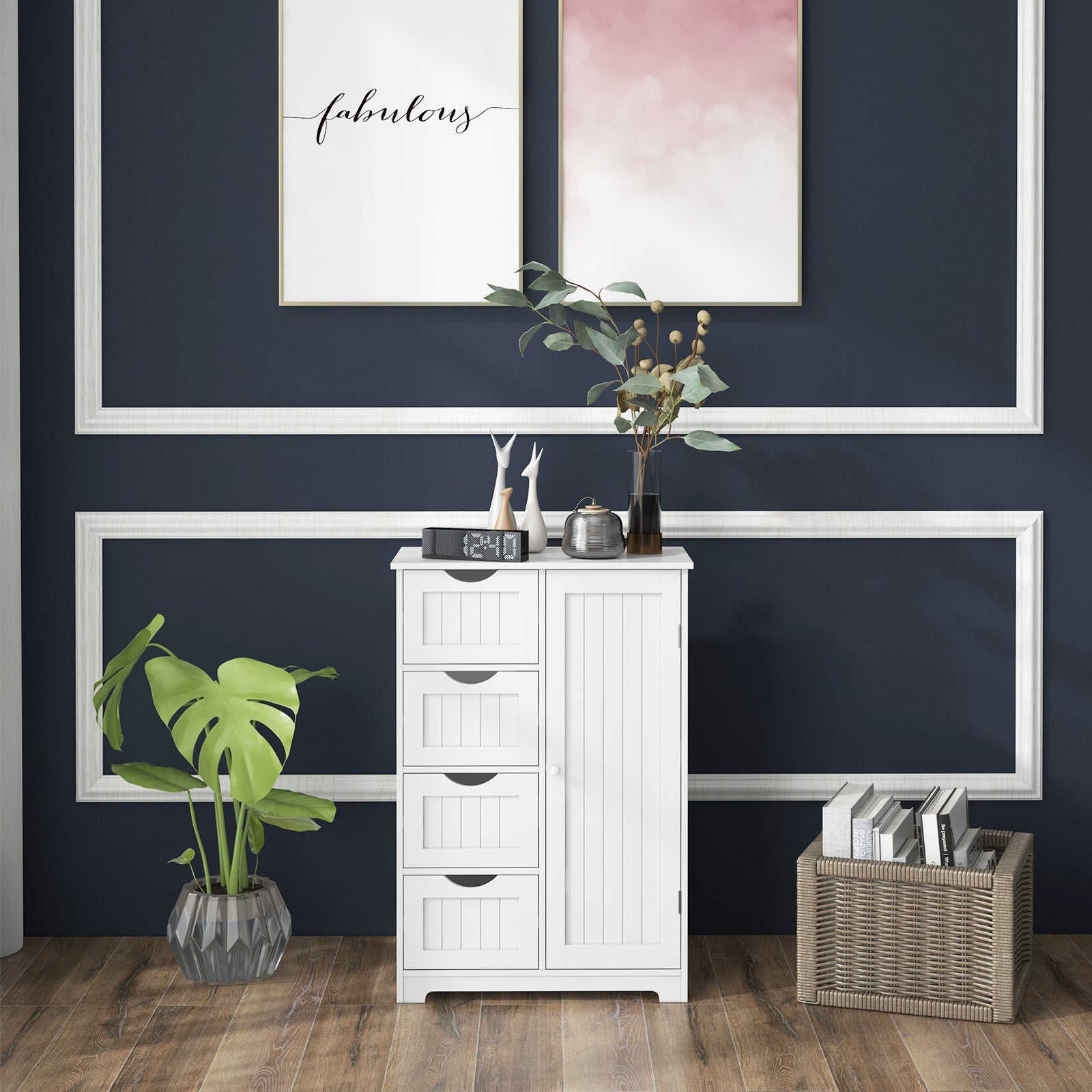 Standing Indoor Wooden Cabinet with 4 Drawers, White Floor Cabinets at Gallery Canada
