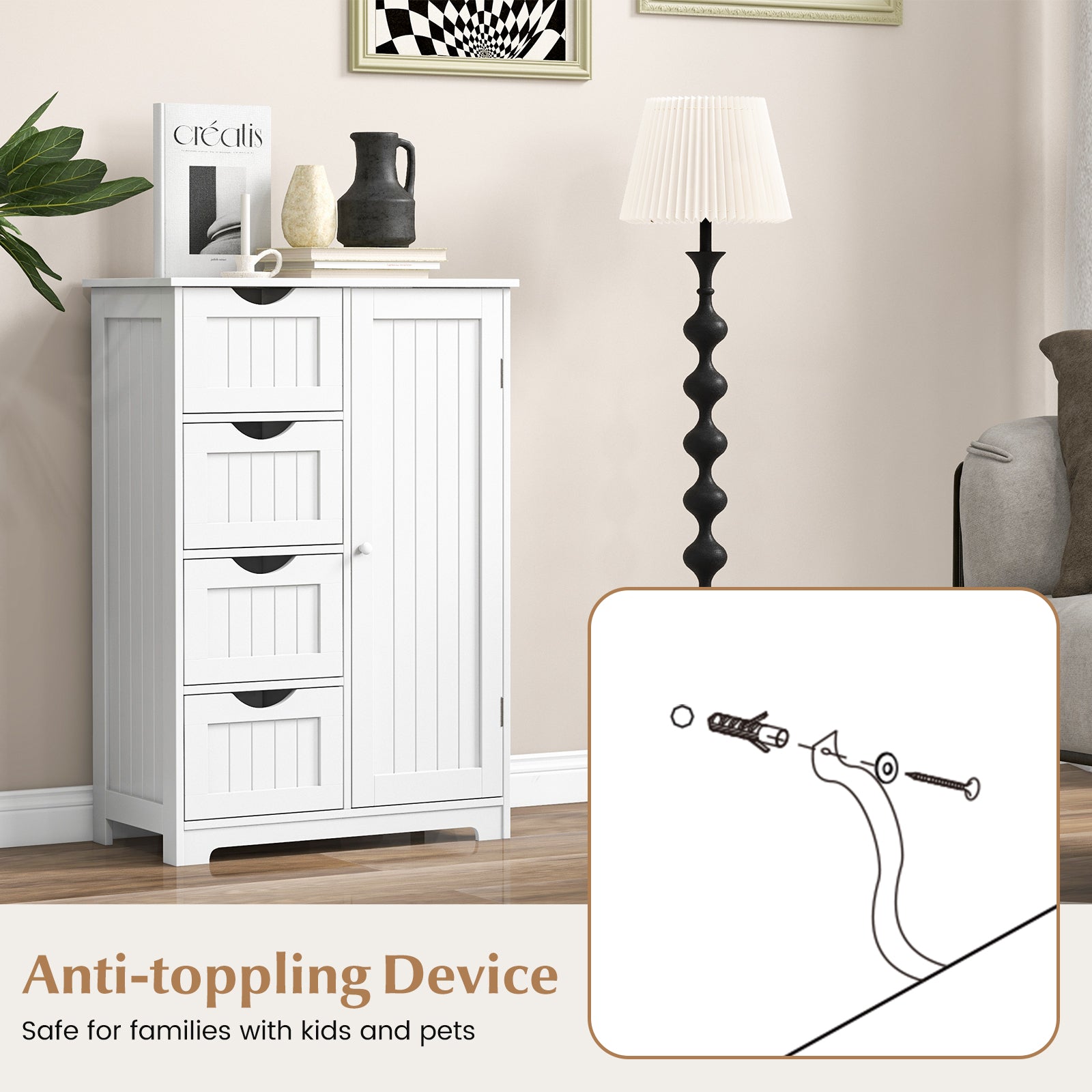 Standing Indoor Wooden Cabinet with 4 Drawers, White Floor Cabinets at Gallery Canada