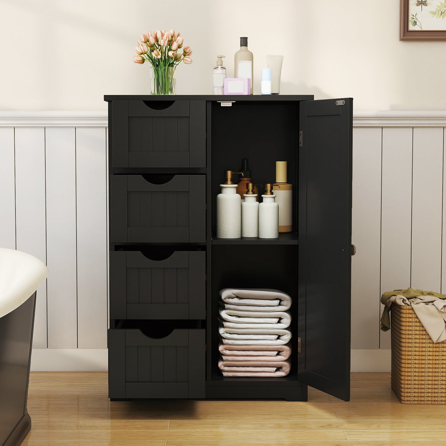 Standing Wooden Cabinet, 4 Drawers, Black Floor Cabinets at Gallery Canada
