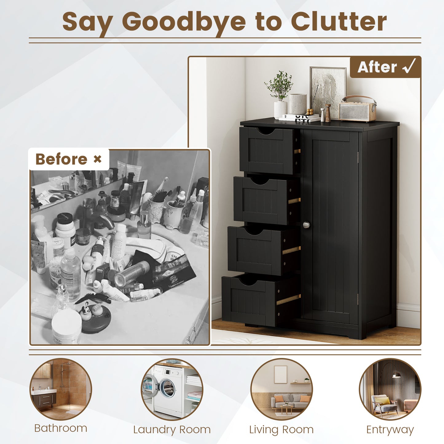 Standing Wooden Cabinet, 4 Drawers, Black Floor Cabinets at Gallery Canada