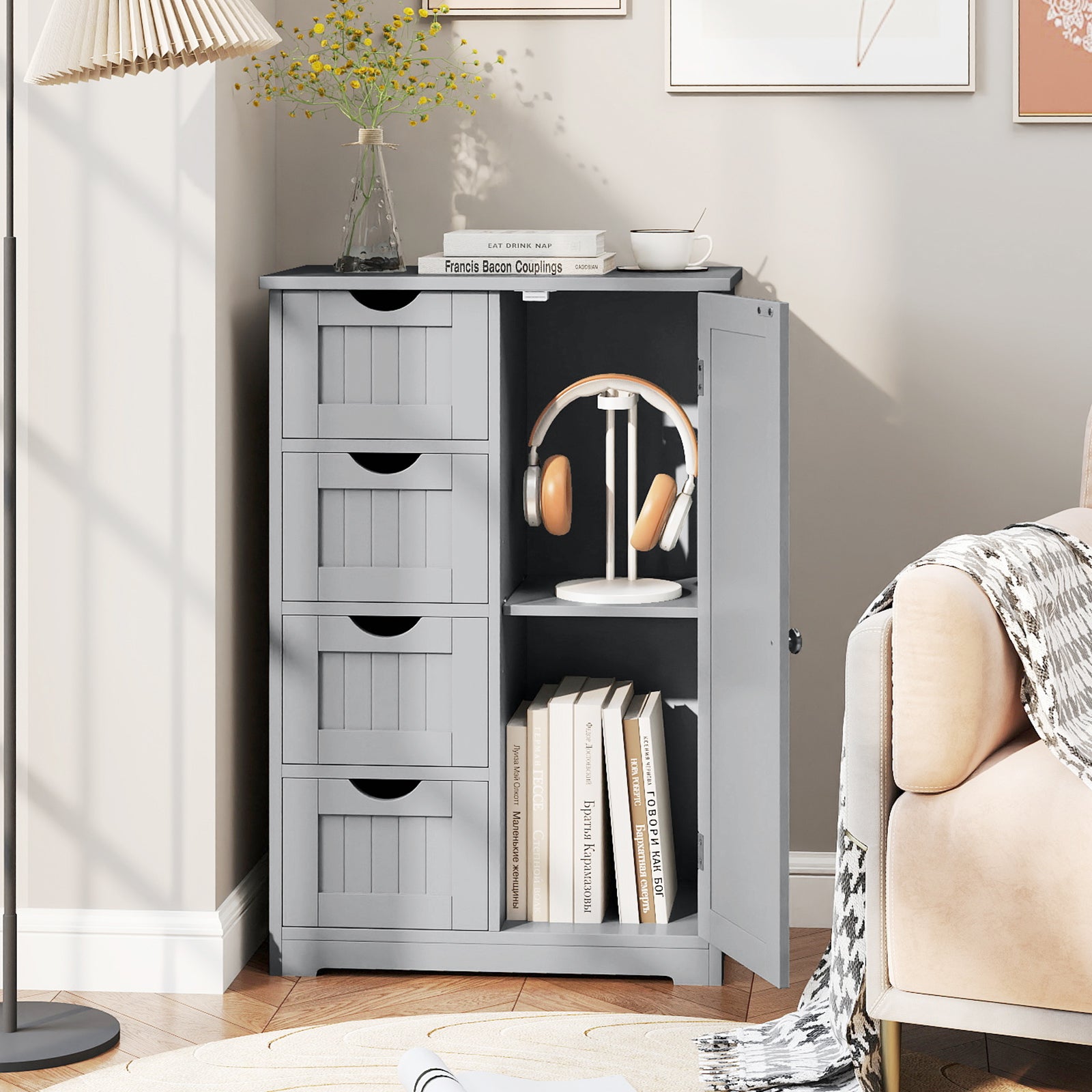 Wooden Cabinet With 4 Drawers, Gray Floor Cabinets Gray at Gallery Canada