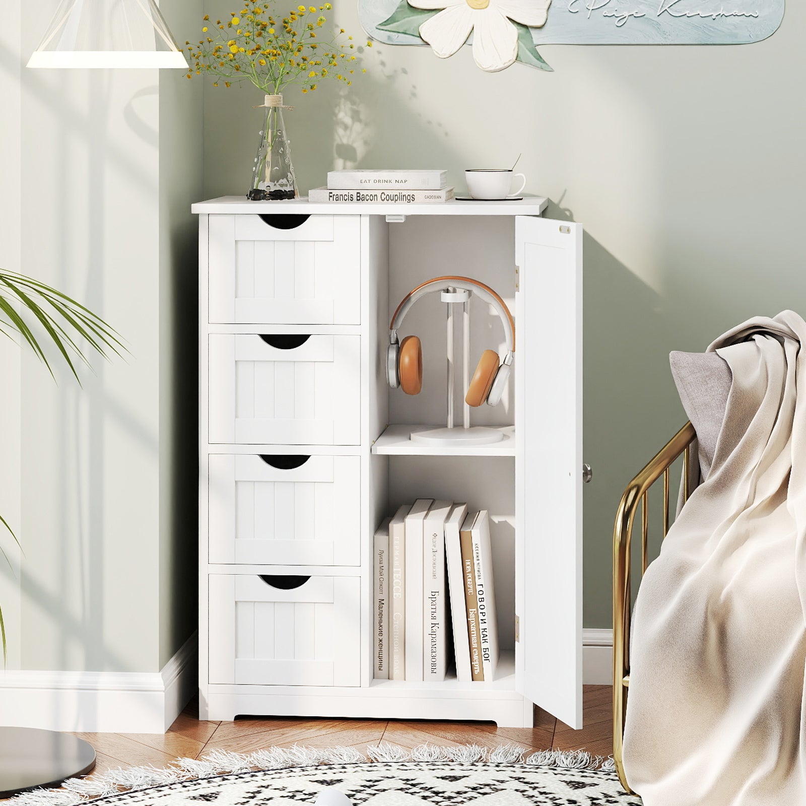 Standing Indoor Wooden Cabinet with 4 Drawers, White Floor Cabinets at Gallery Canada