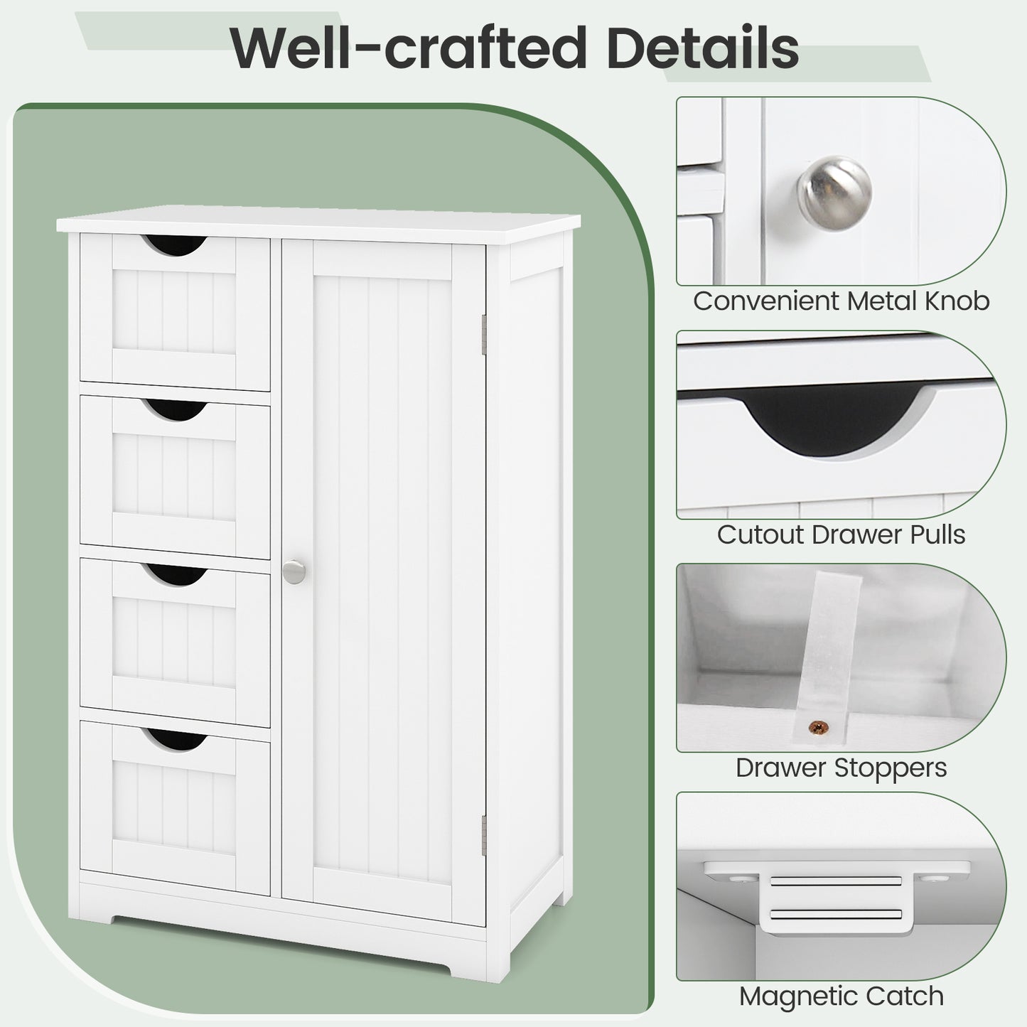 Standing Indoor Wooden Cabinet with 4 Drawers, White Floor Cabinets at Gallery Canada