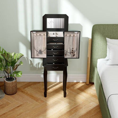 Standing Jewelry Box with 4 Drawers and 2 Side Doors, Black